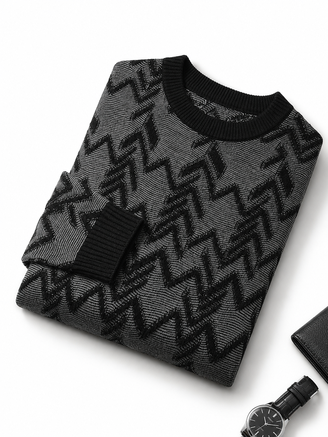 Diamond Knit Crew Neck Sweater — Black