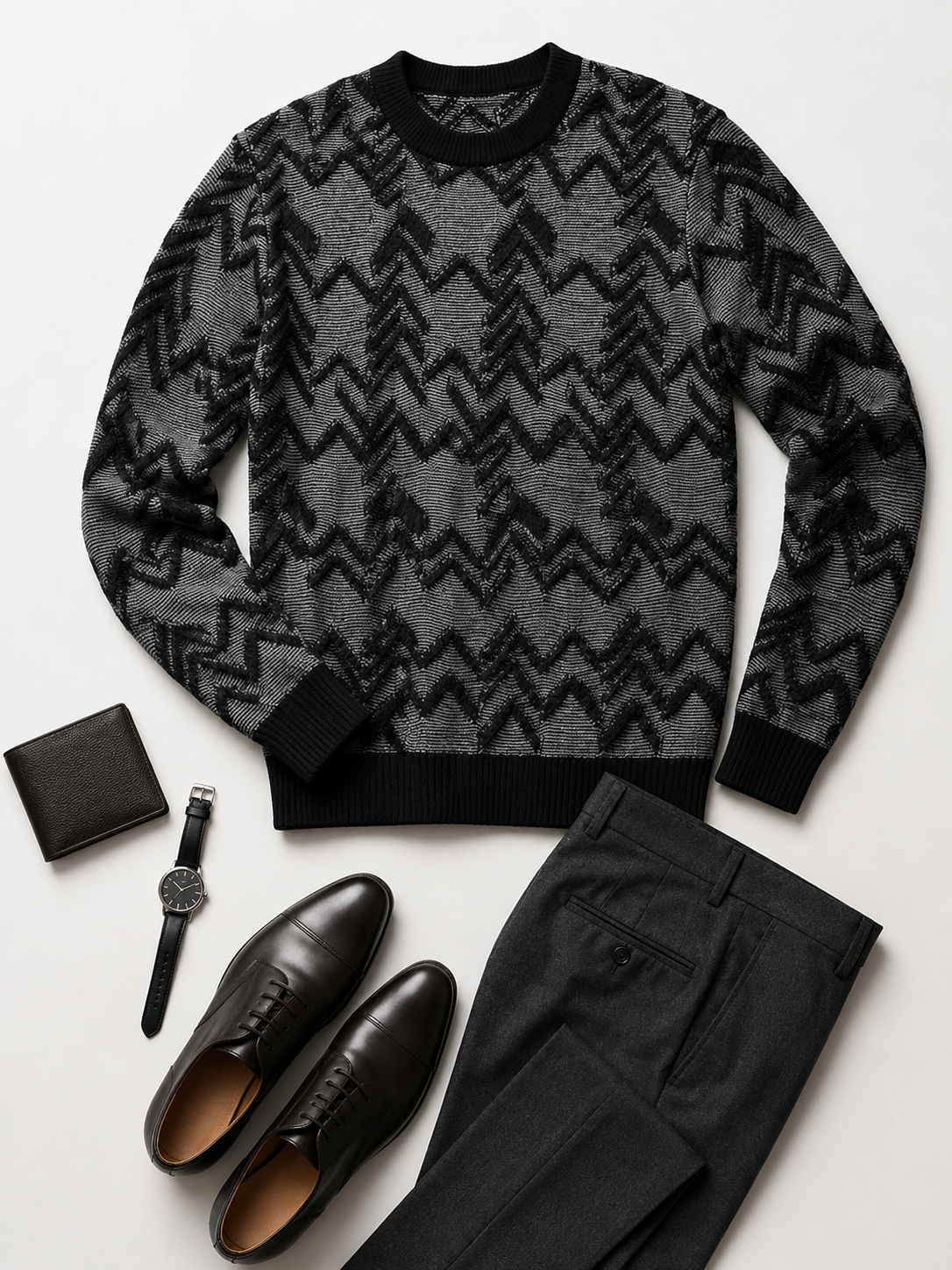 Diamond Knit Crew Neck Sweater — Black