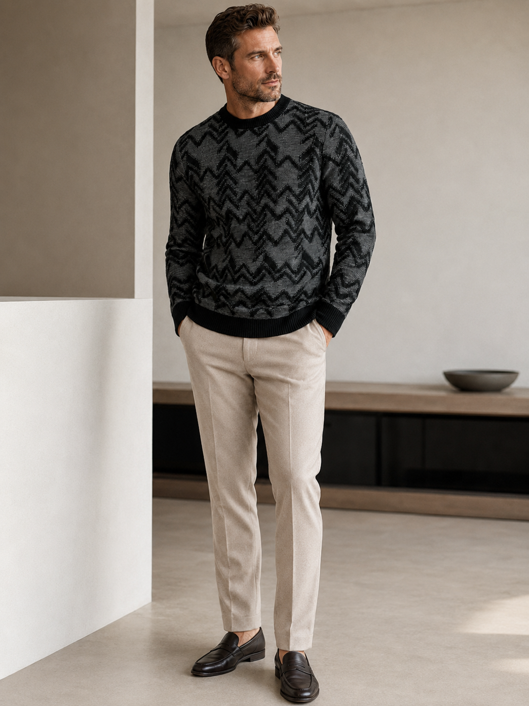 Diamond Knit Crew Neck Sweater — Black