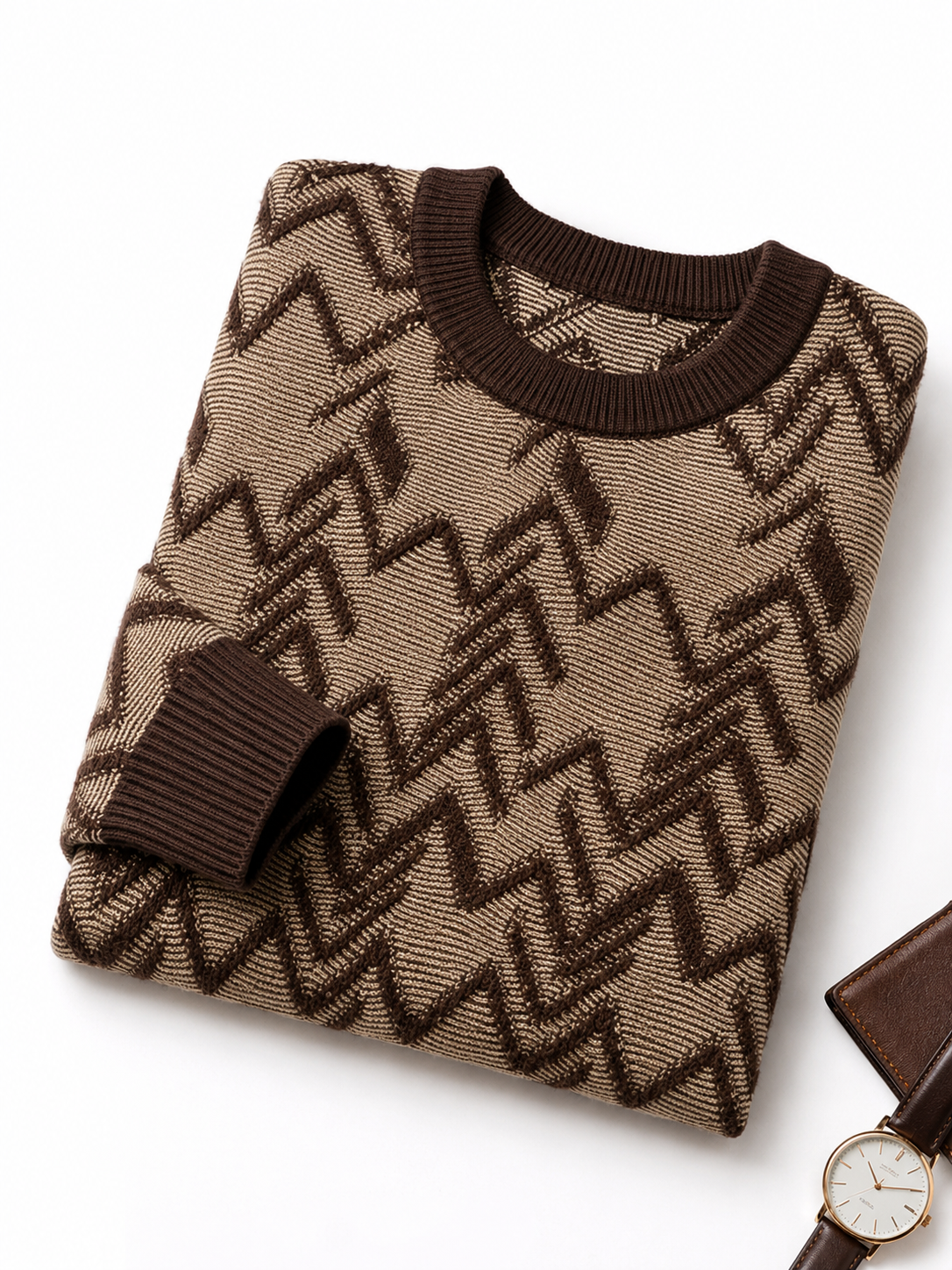 Diamond Knit Crew Neck Sweater — Brown