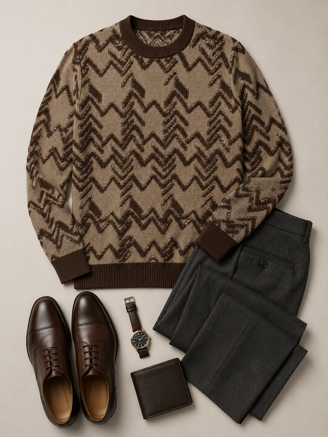 Diamond Knit Crew Neck Sweater — Brown