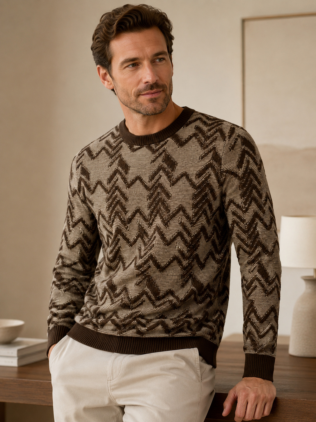 Diamond Knit Crew Neck Sweater — Brown