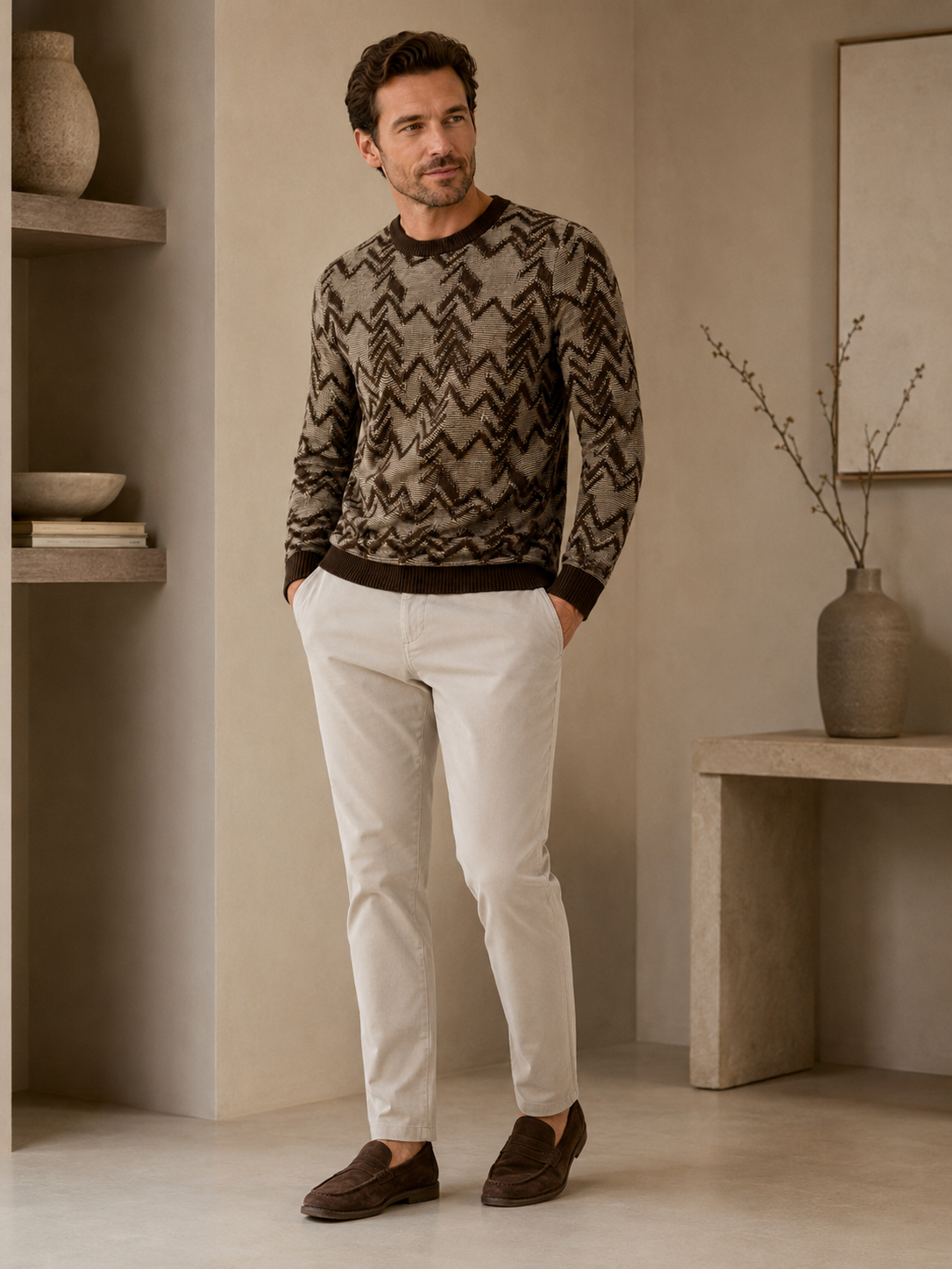 Diamond Knit Crew Neck Sweater — Brown