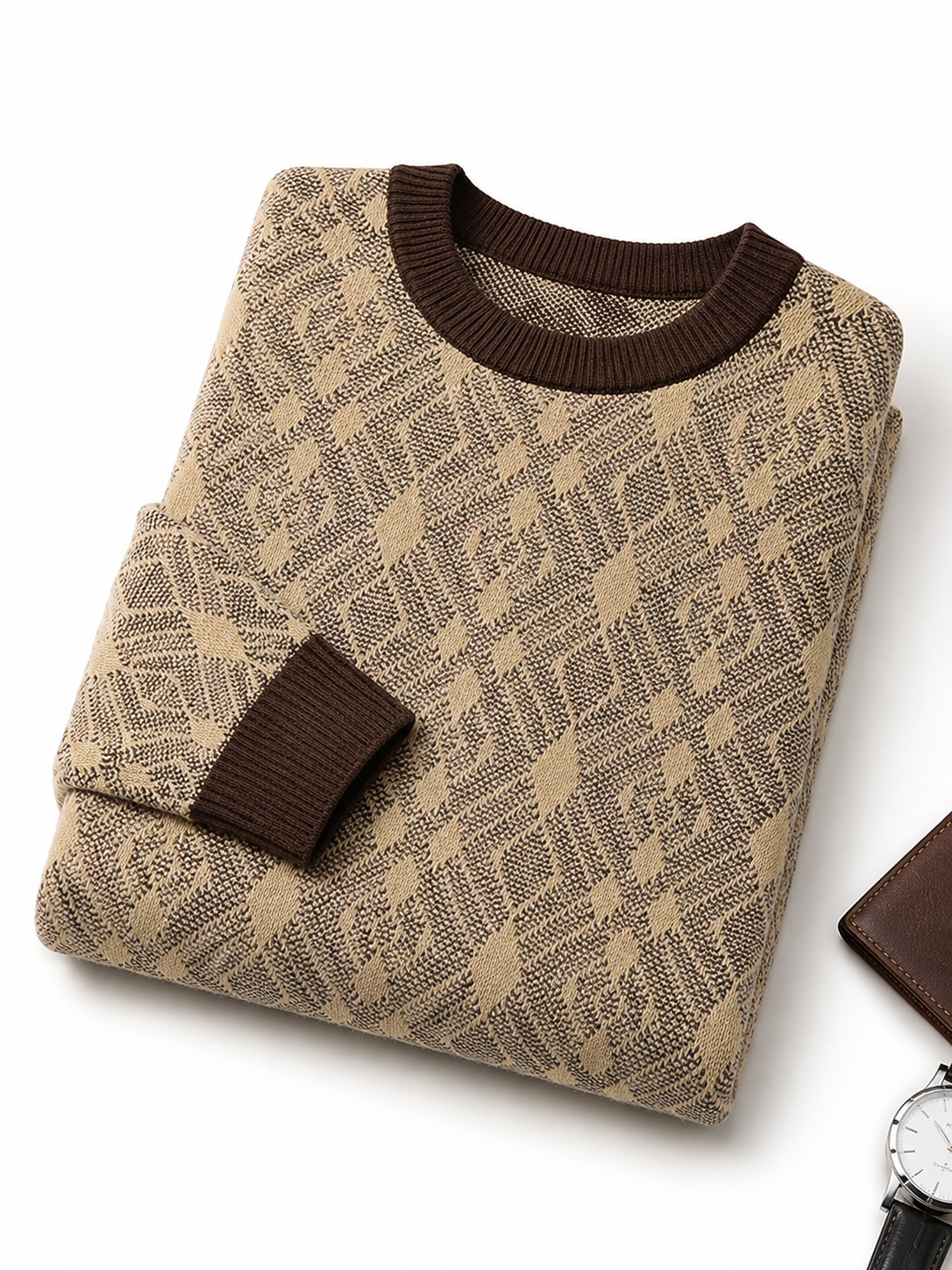Diamond Check Crew Neck Sweater — Brown
