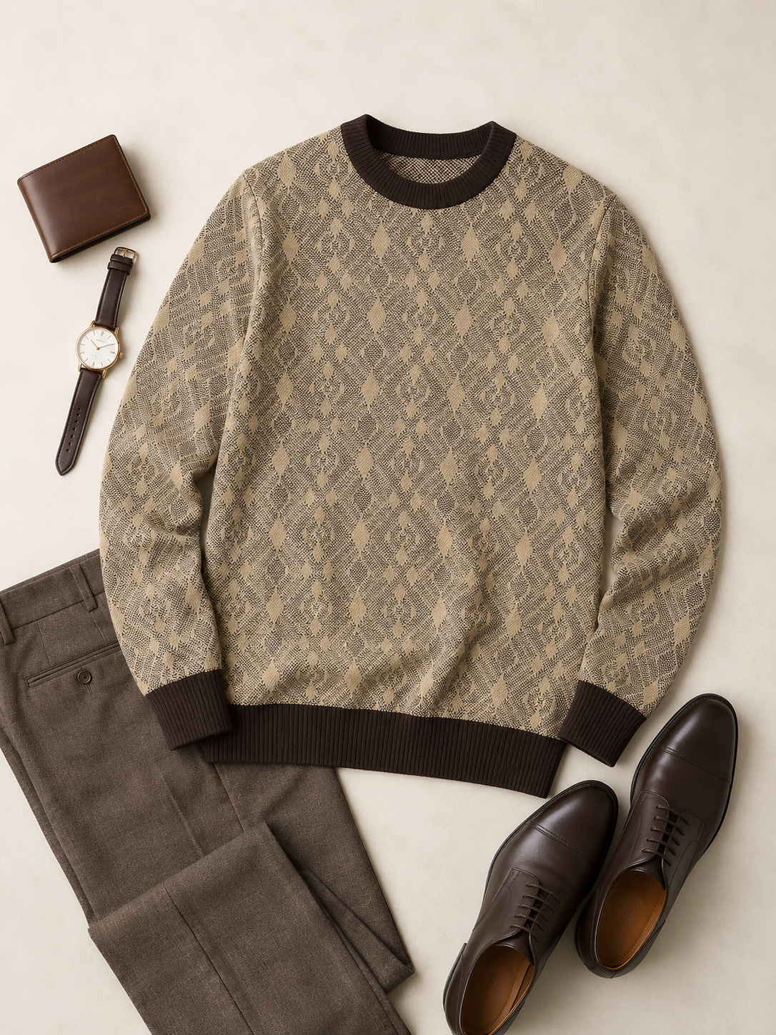 Diamond Check Crew Neck Sweater — Brown