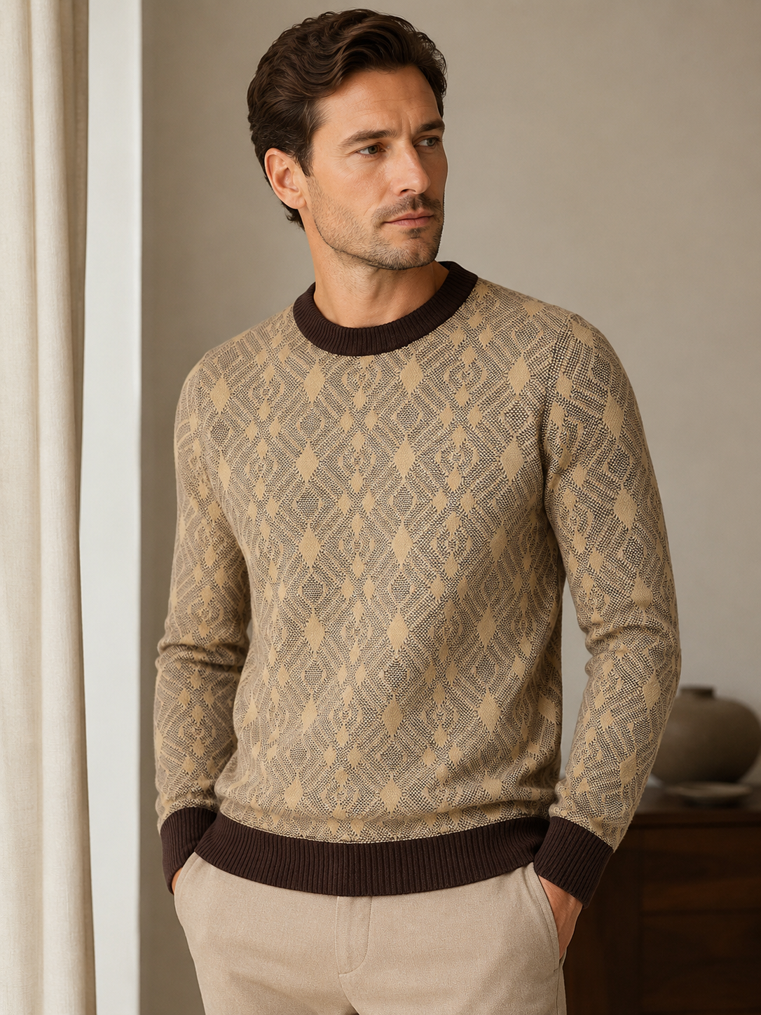 Diamond Check Crew Neck Sweater — Brown