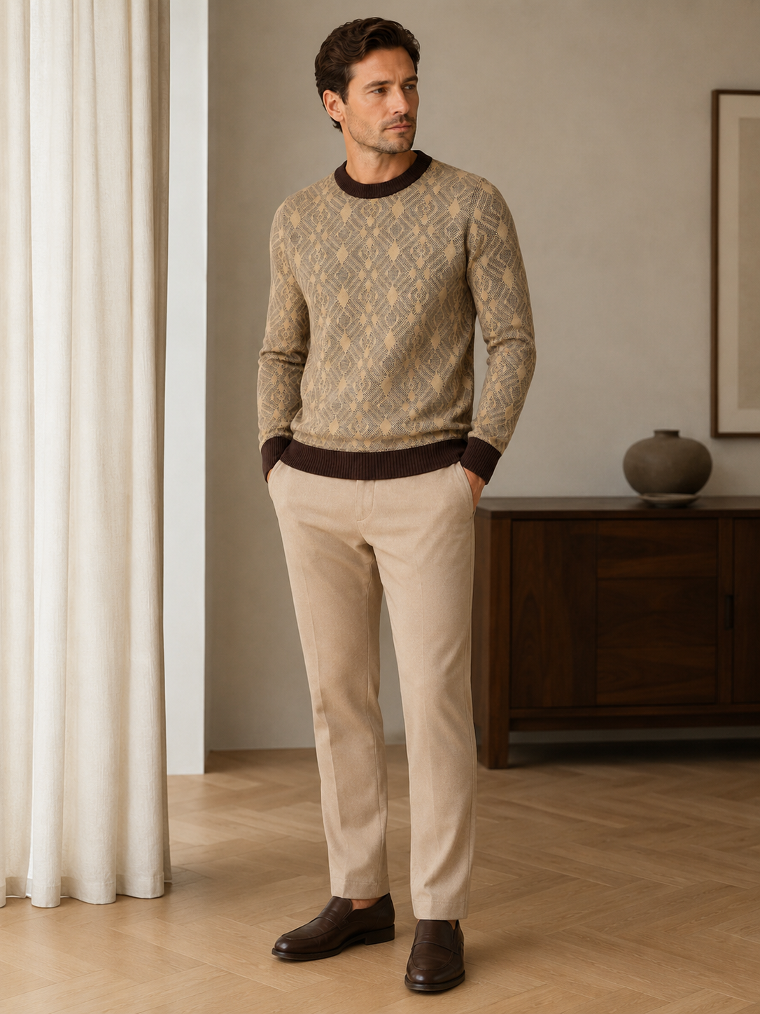Diamond Check Crew Neck Sweater — Brown
