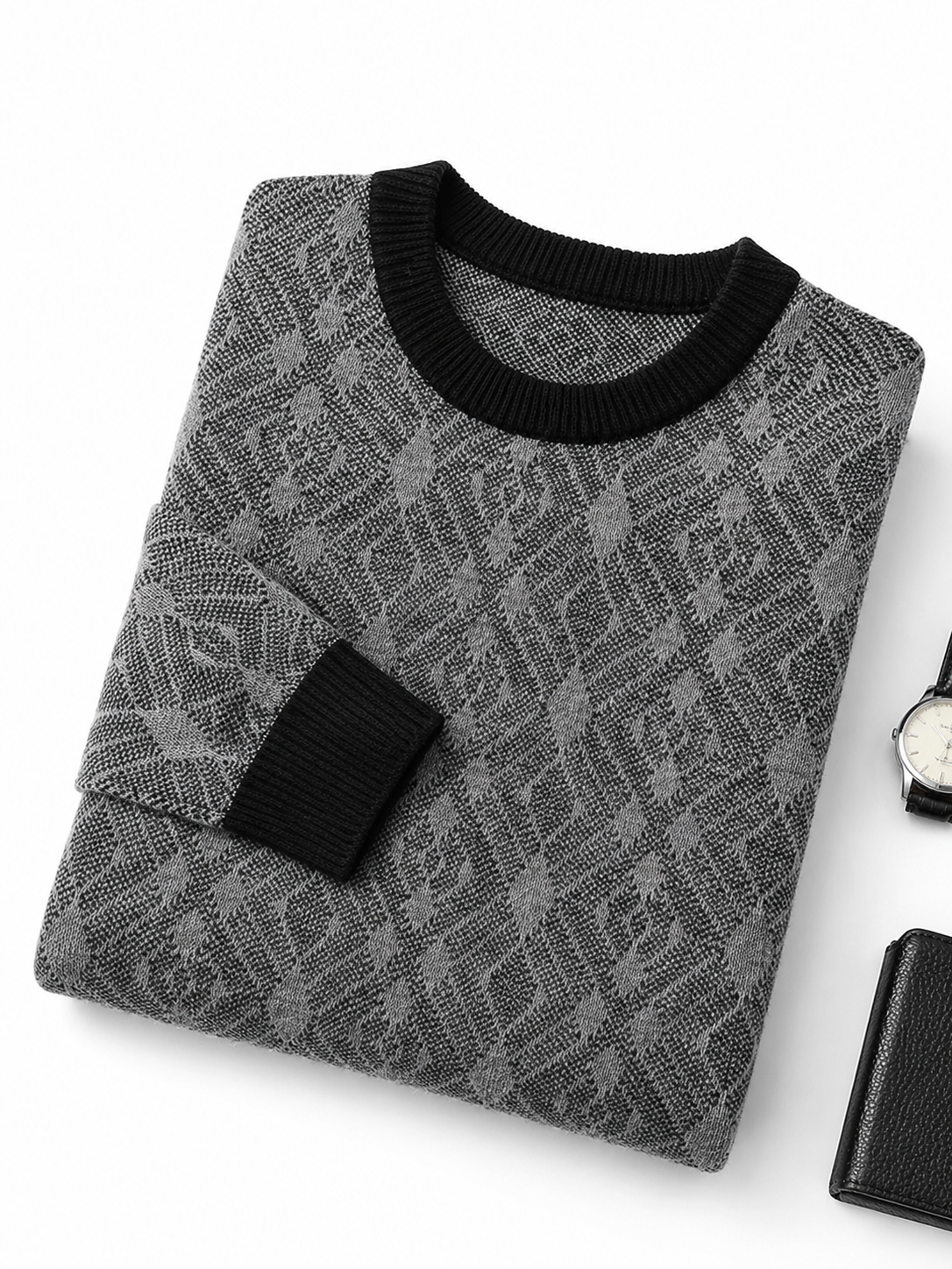 Diamond Check Crew Neck Sweater — Grey