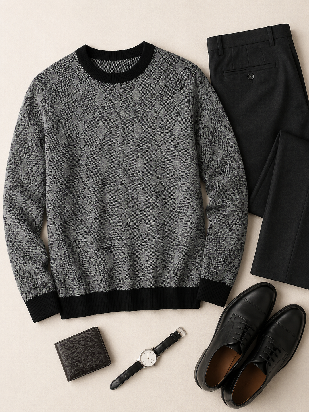 Diamond Check Crew Neck Sweater — Grey