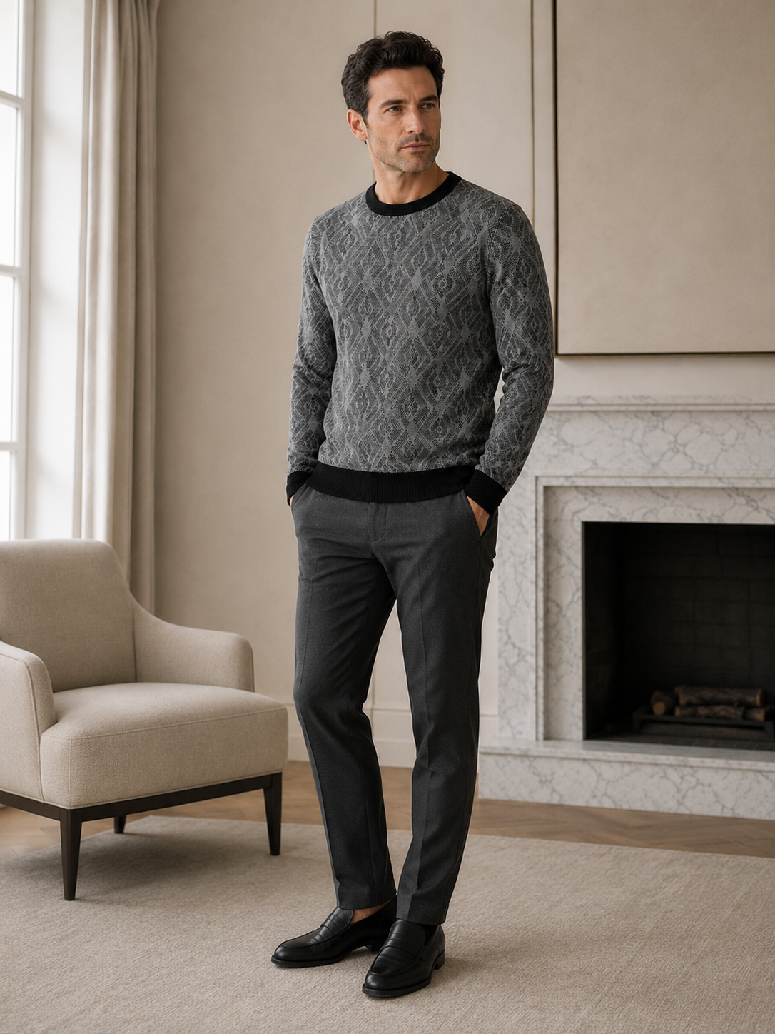 Diamond Check Crew Neck Sweater — Grey