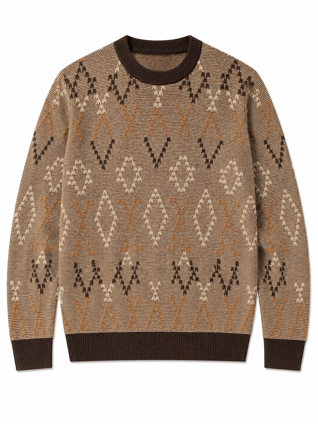 Diamond Pattern Crew Neck Sweater — Brown