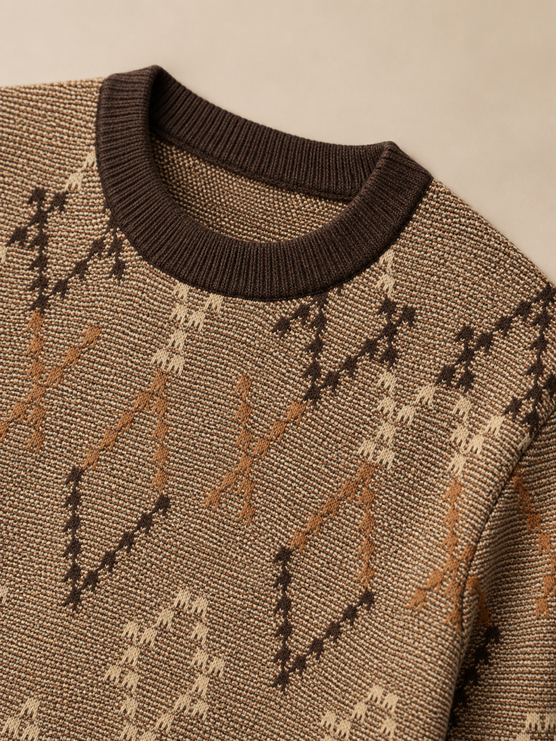 Diamond Pattern Crew Neck Sweater — Brown