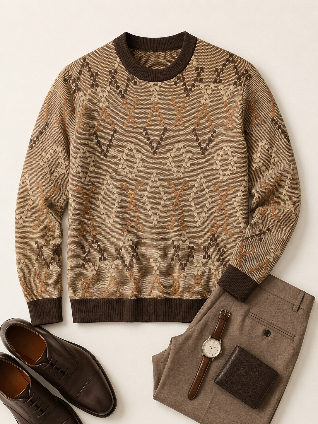 Diamond Pattern Crew Neck Sweater — Brown