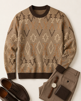 Diamond Pattern Crew Neck Sweater — Brown