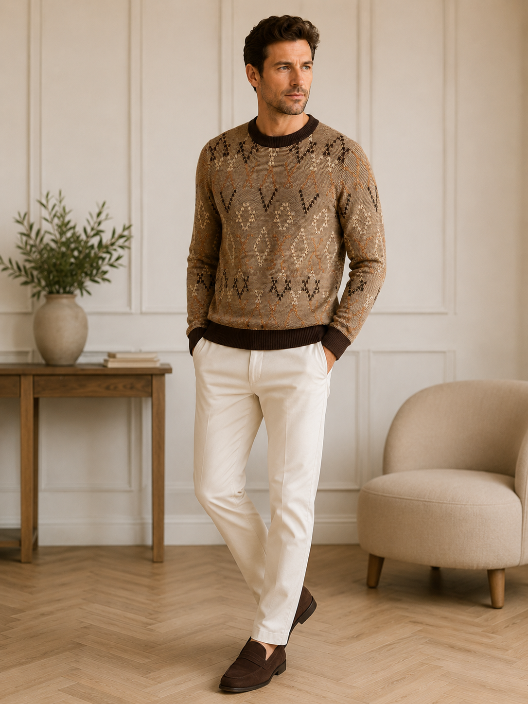 Diamond Pattern Crew Neck Sweater — Brown