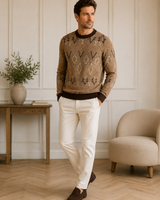 Diamond Pattern Crew Neck Sweater — Brown