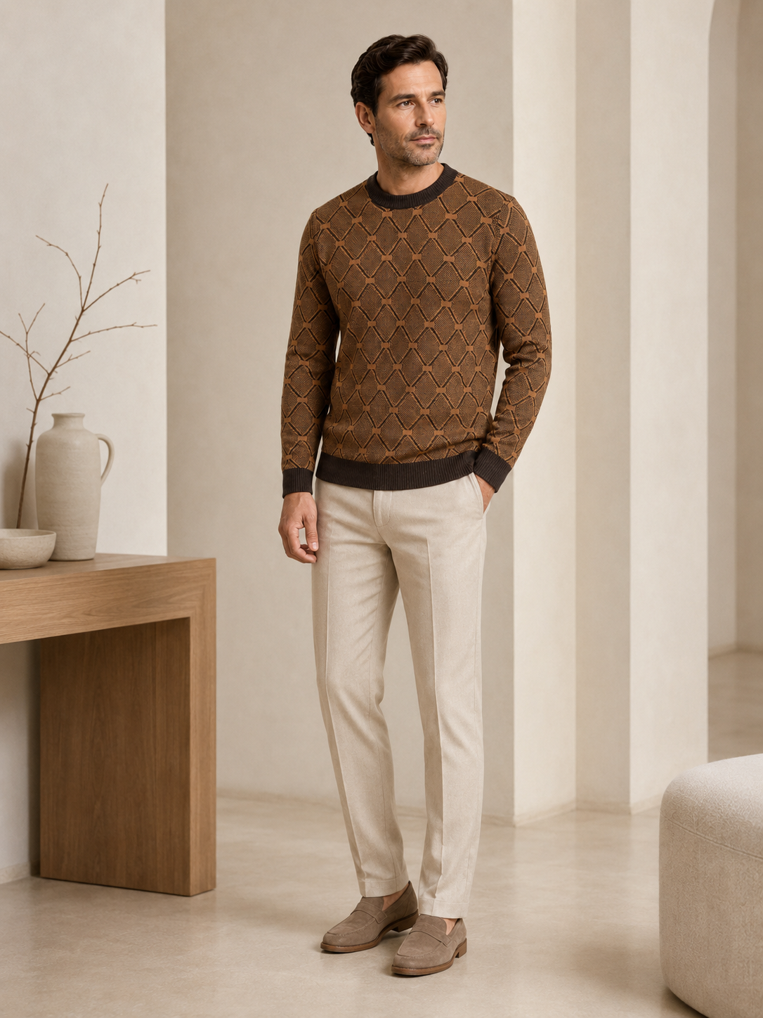 Striped Knit Sweater — Brown