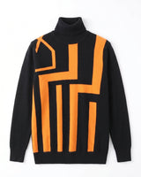 Geometric Pattern Turtleneck Cashmere Sweater — Black&Yellow