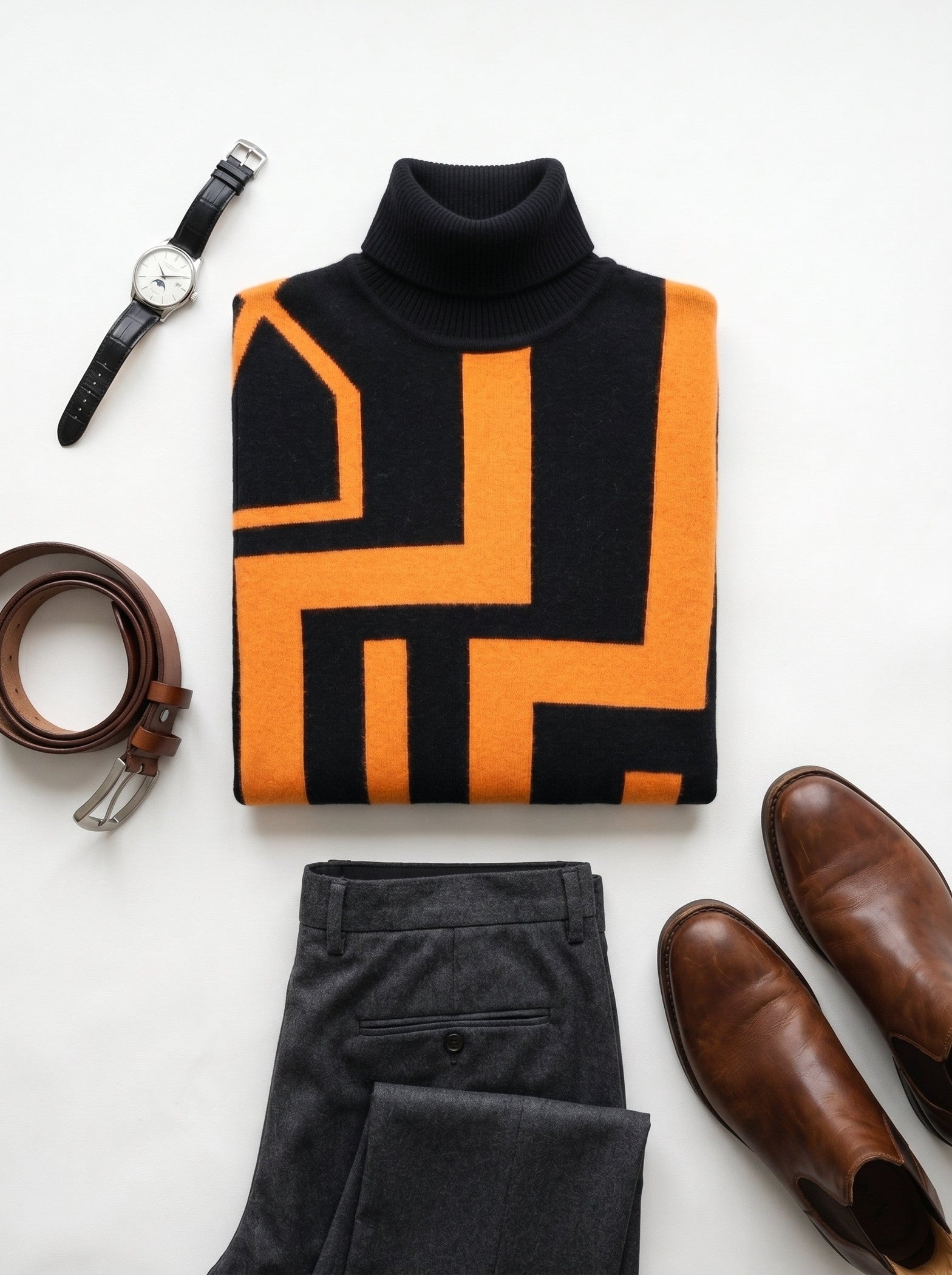 Geometric Pattern Turtleneck Cashmere Sweater — Blackyellow