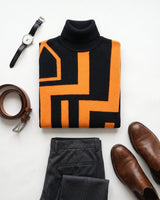Geometric Pattern Turtleneck Cashmere Sweater — Black&Yellow