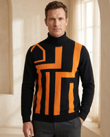 Geometric Pattern Turtleneck Cashmere Sweater — Black&Yellow