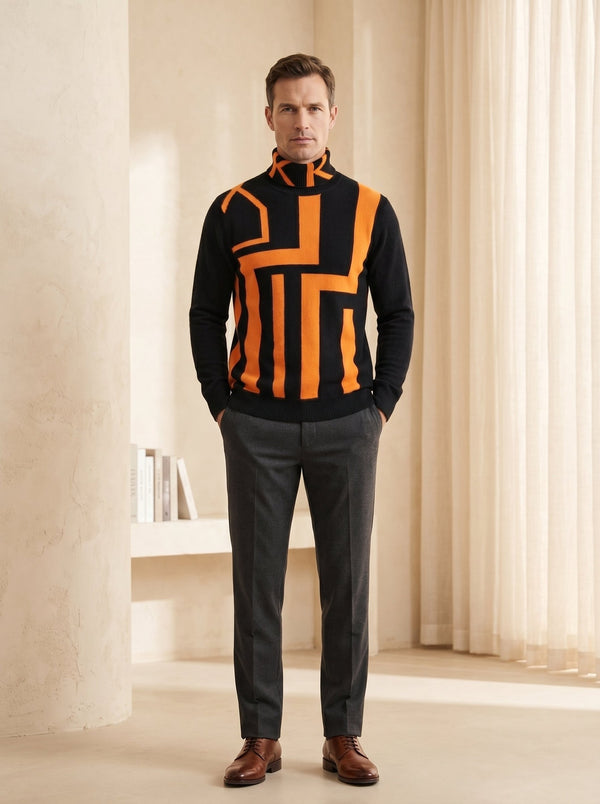 Geometric Pattern Turtleneck Cashmere Sweater
