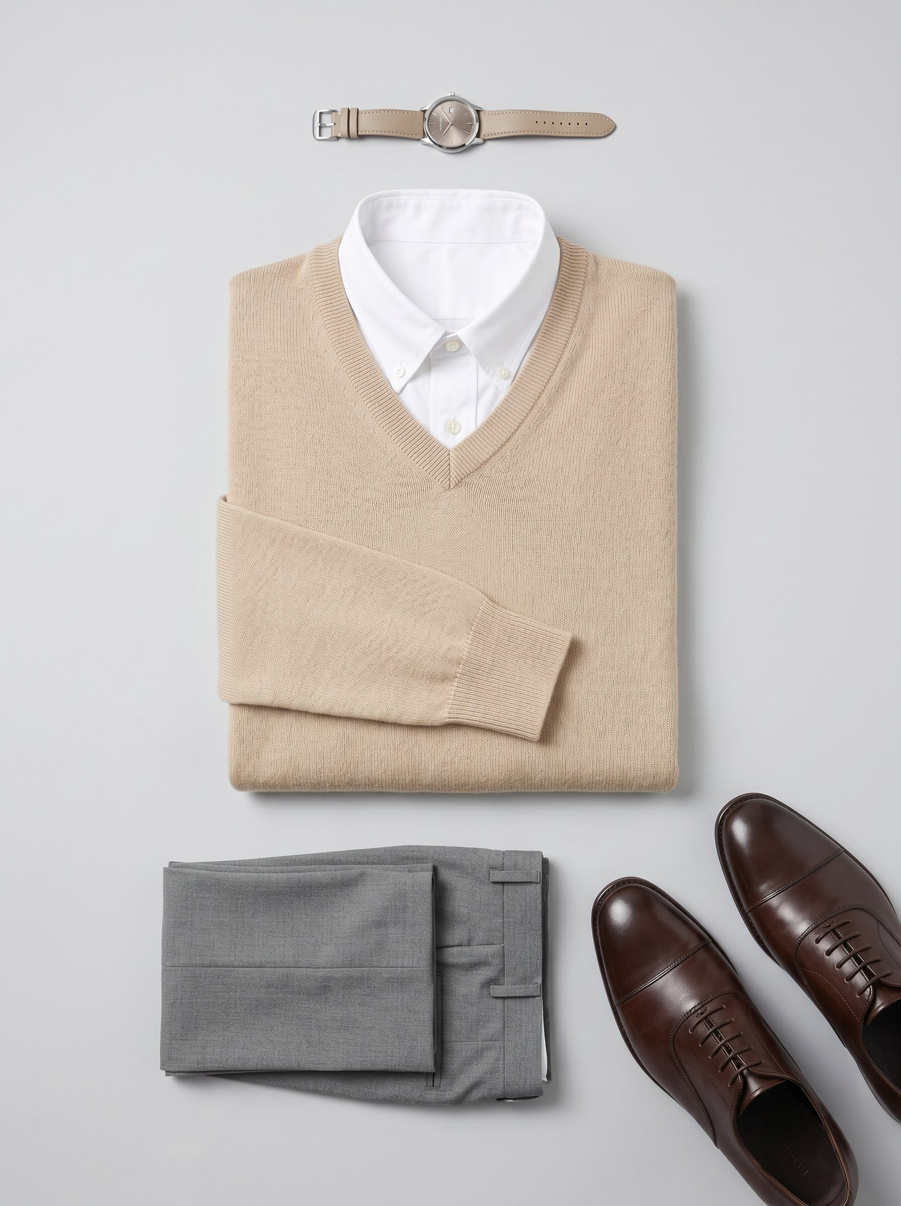 Men's V-Neck Cashmere Sweater — Beige