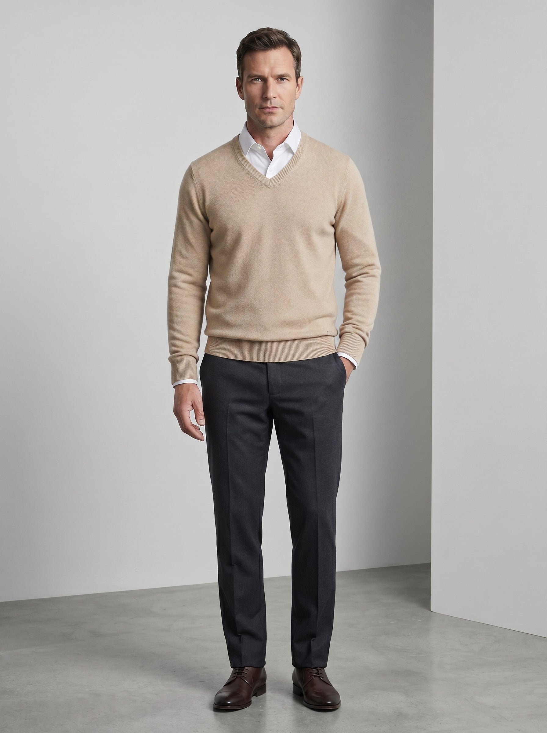 Men's V-Neck Cashmere Sweater — Beige