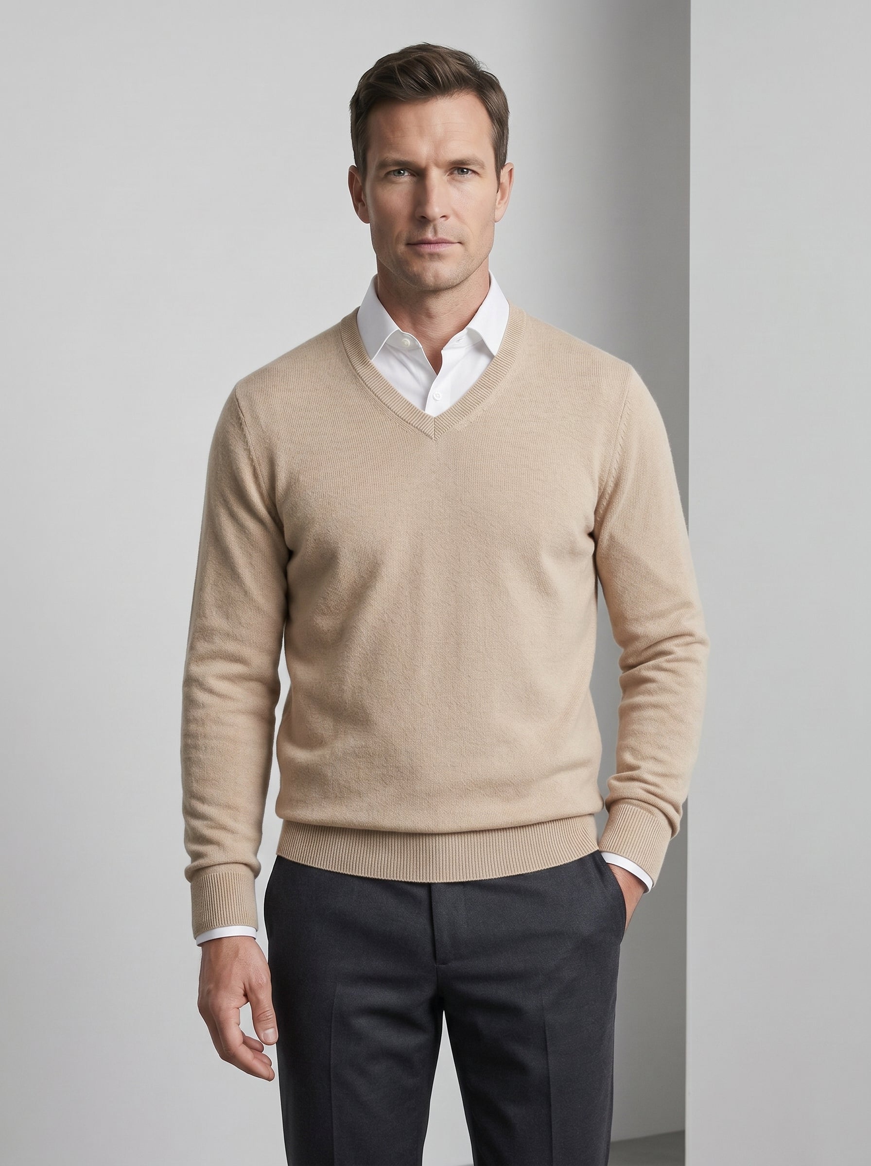 Men's V-Neck Cashmere Sweater — Beige