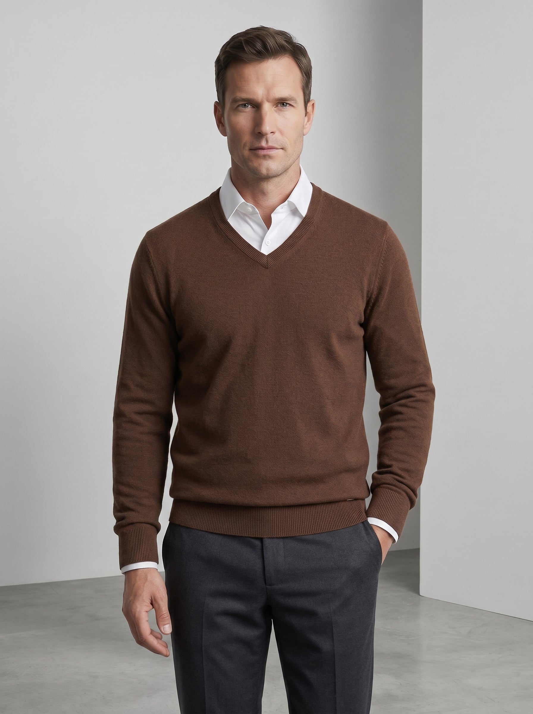 Men's V-Neck Cashmere Sweater — Brown