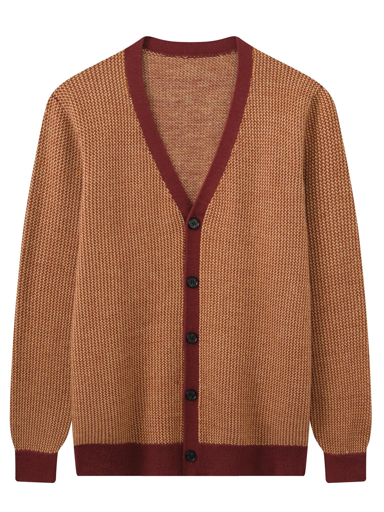 Contrast Trim V-Neck Cardigan — Brown