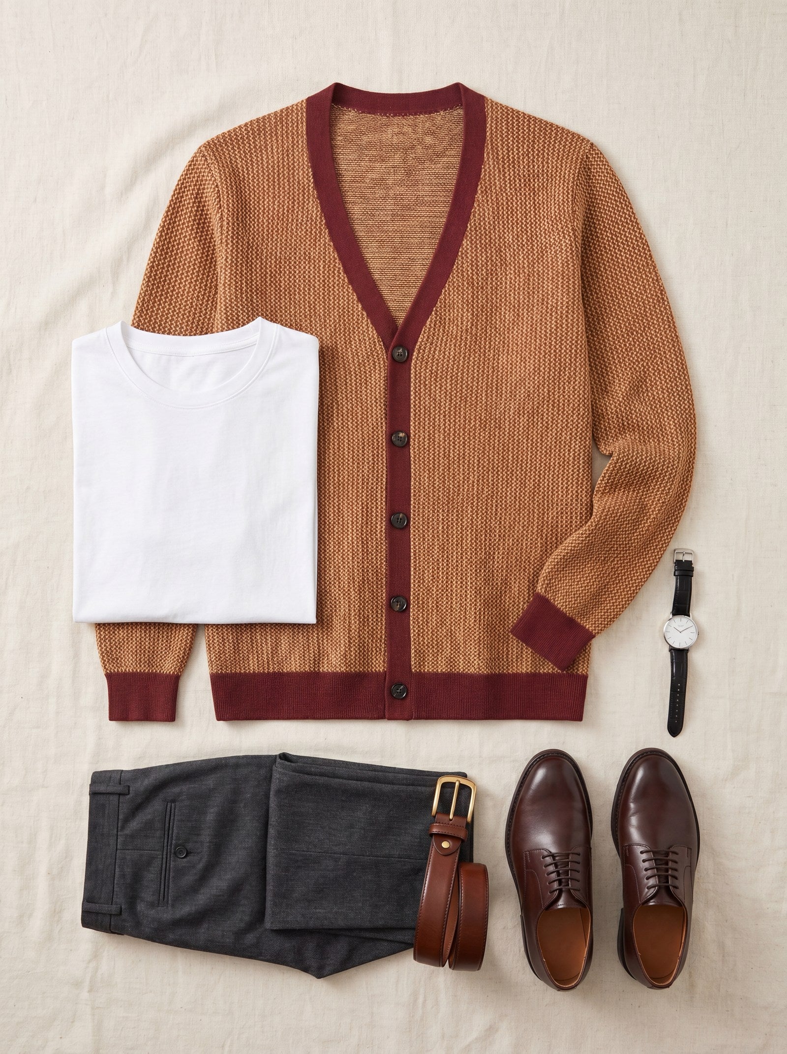 Contrast Trim V-Neck Cardigan — Brown