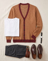 Contrast Trim V-Neck Cardigan — Brown