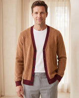Contrast Trim V-Neck Cardigan — Brown