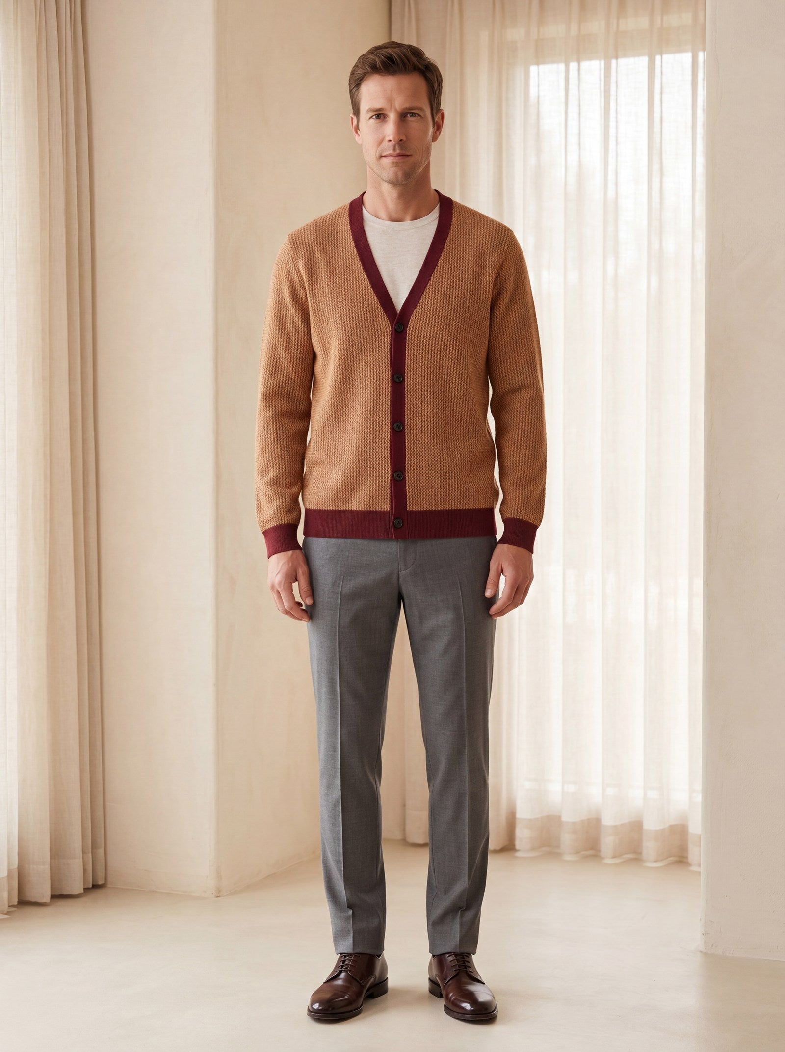 Contrast Trim V-Neck Cardigan — Brown