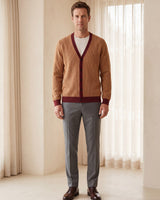 Contrast Trim V-Neck Cardigan — Brown