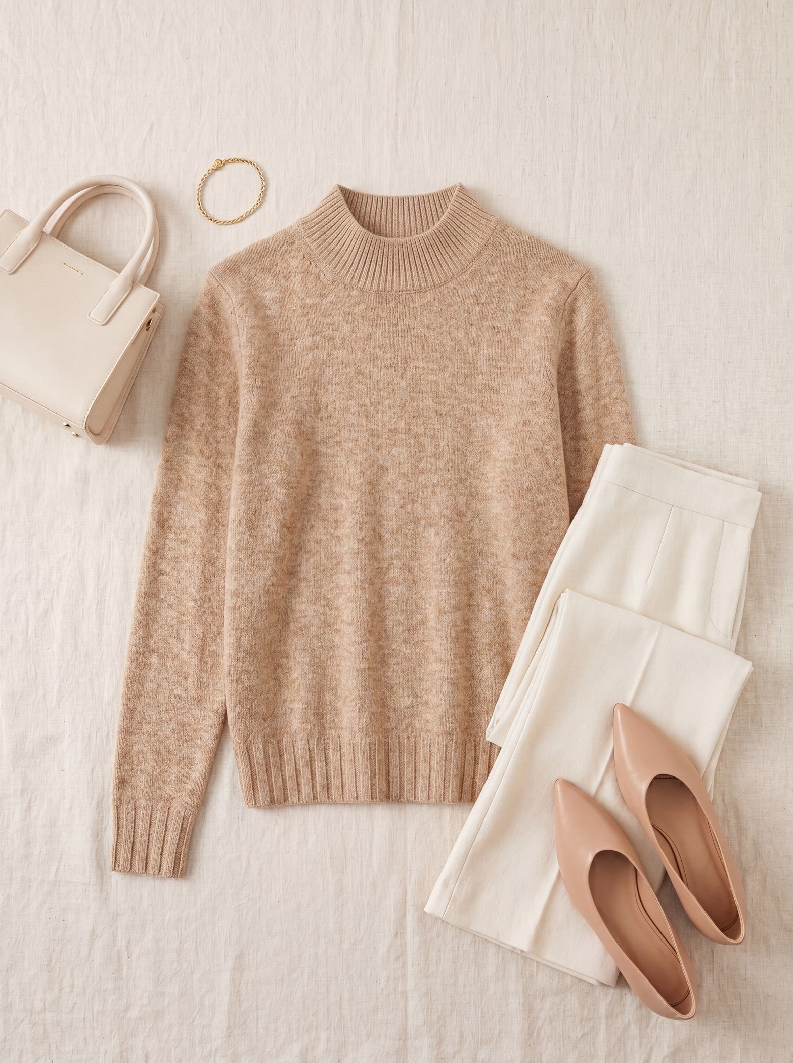 Women's High Neck Long Sleeve Wool Sweater — Camel