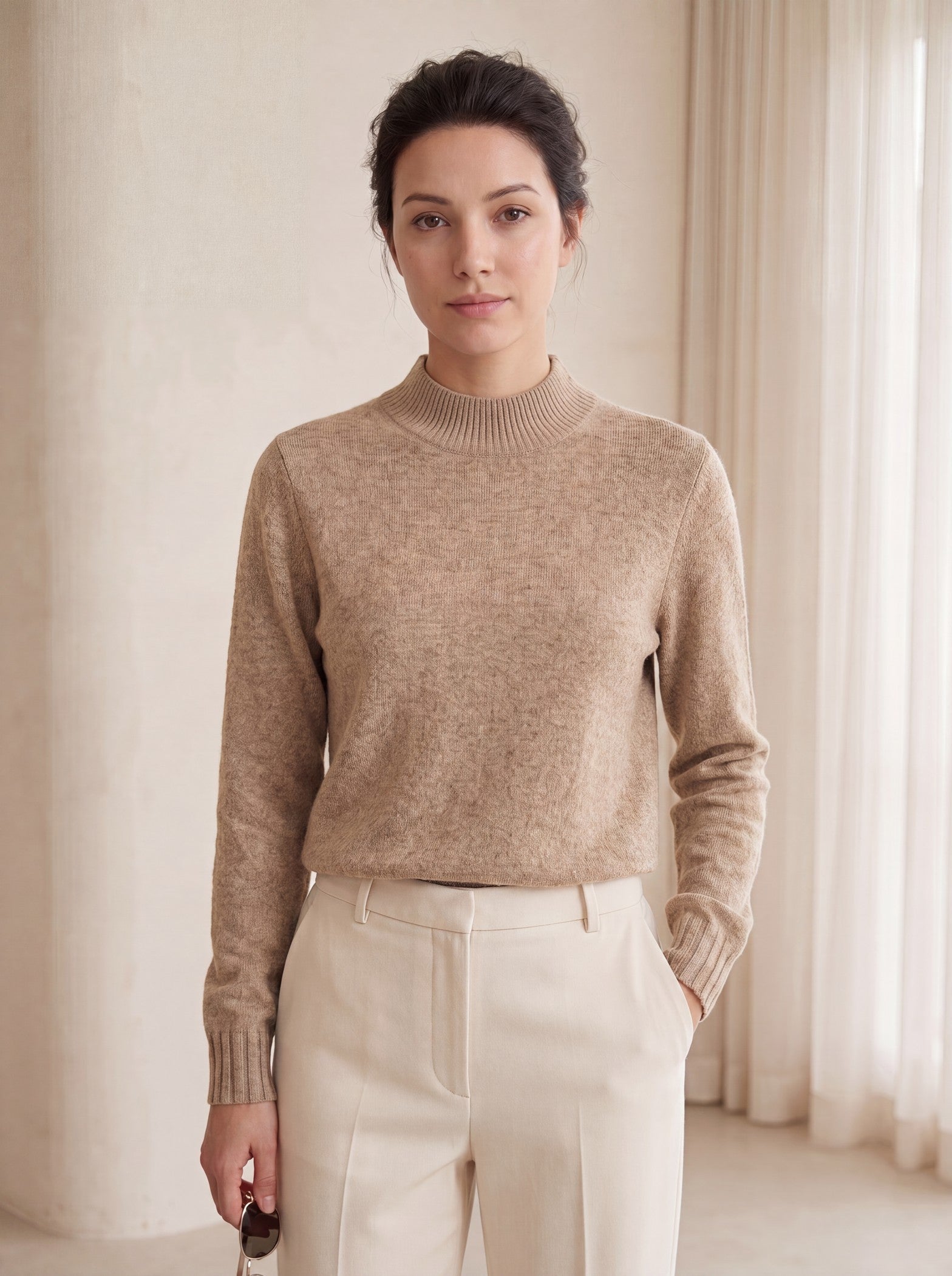 Women's High Neck Long Sleeve Wool Sweater — Camel