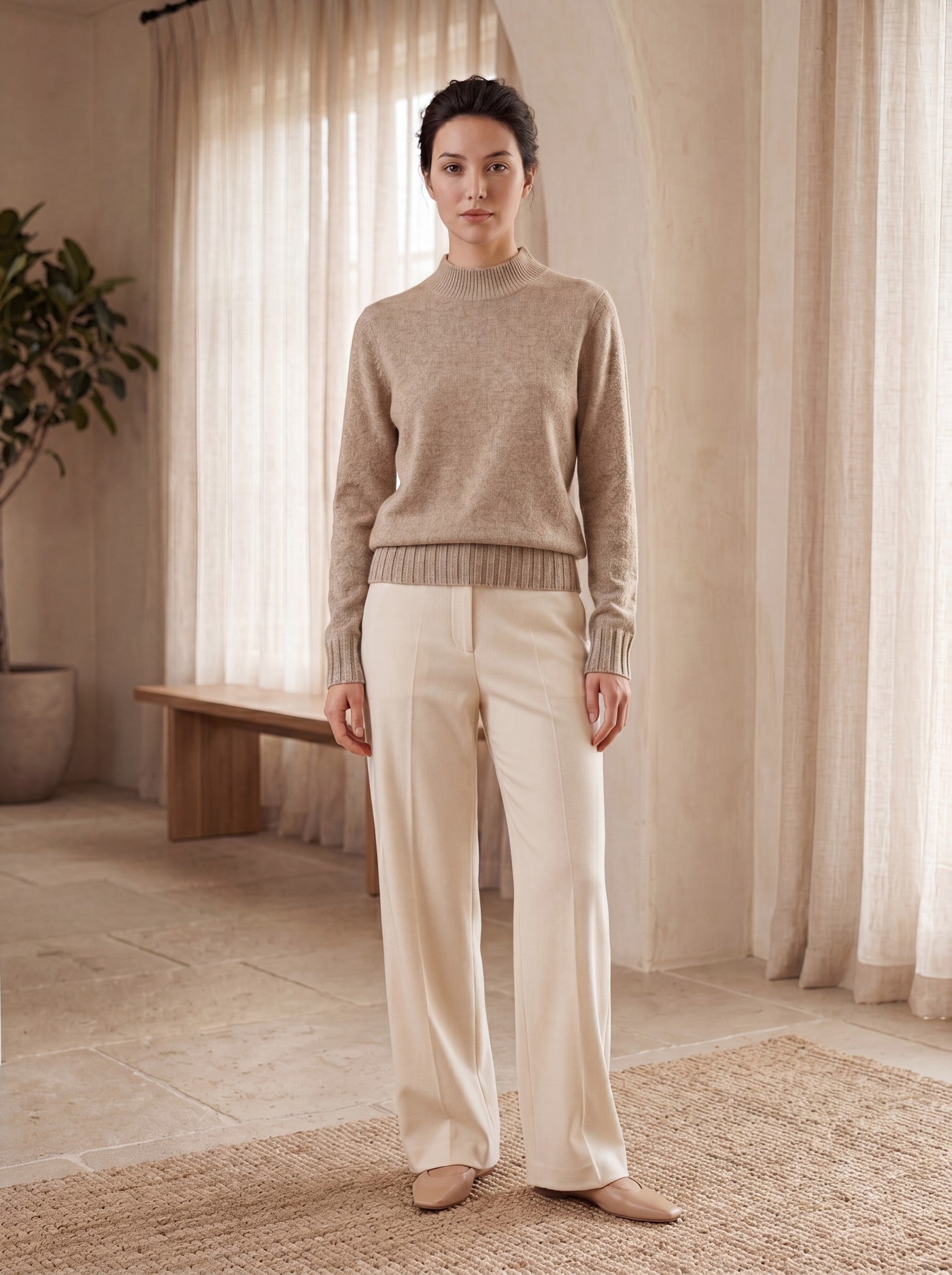 Women's High Neck Long Sleeve Wool Sweater — Camel
