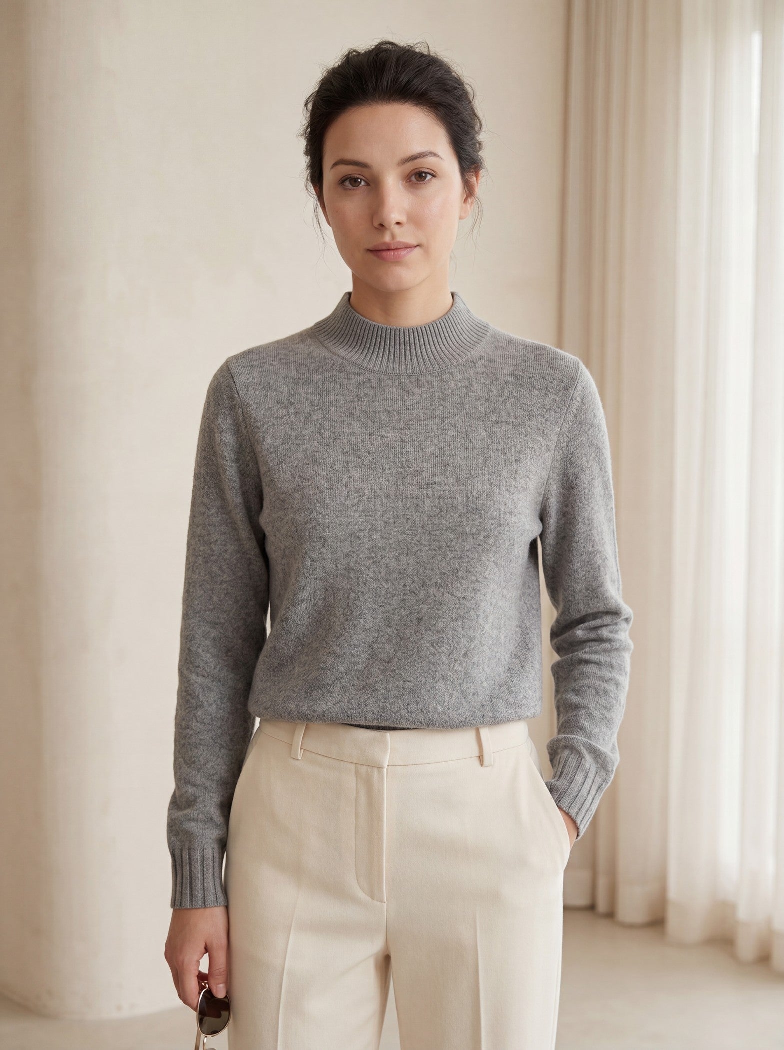 Women's High Neck Long Sleeve Wool Sweater — Grey