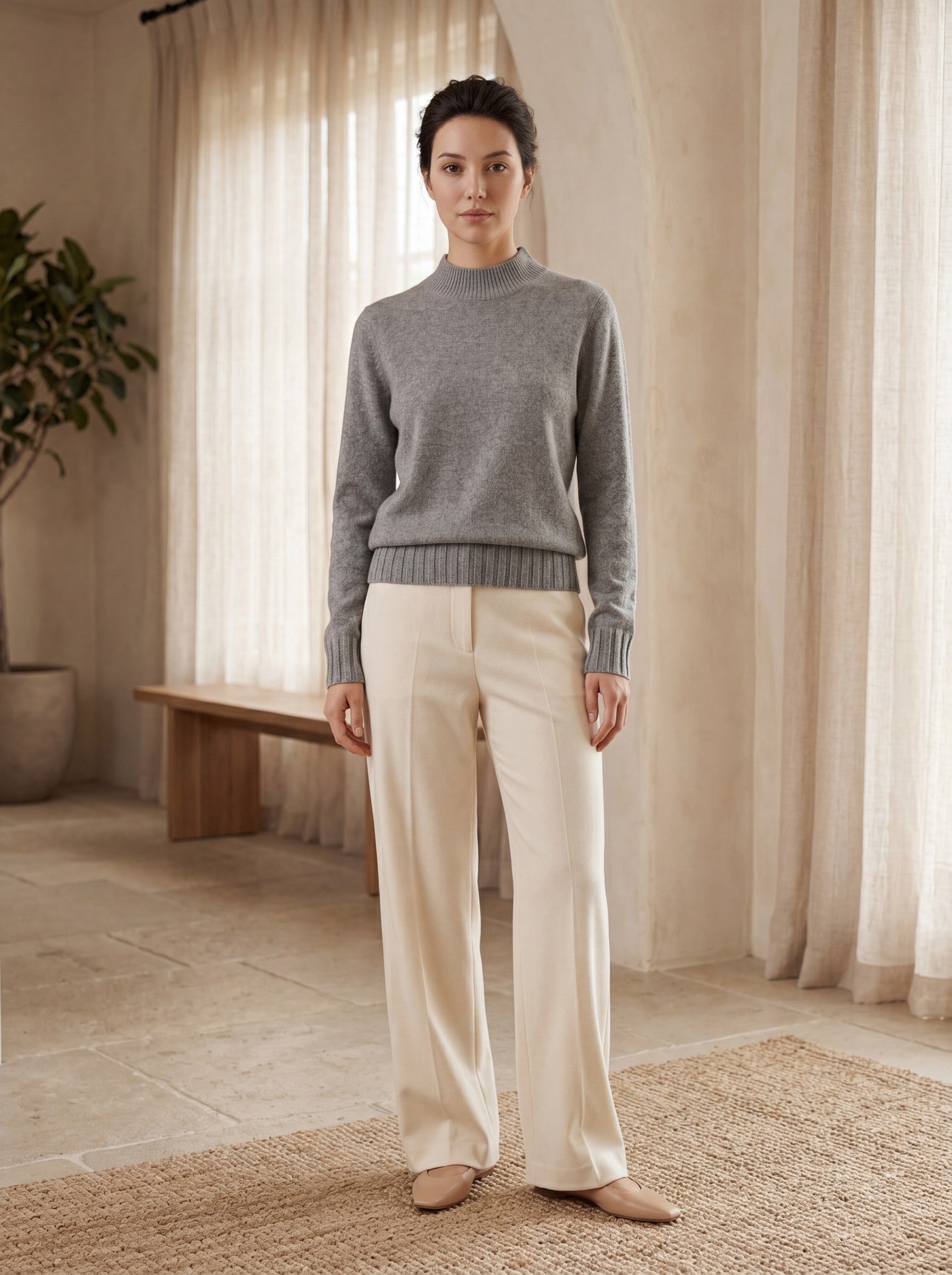 Women's High Neck Long Sleeve Wool Sweater — Grey
