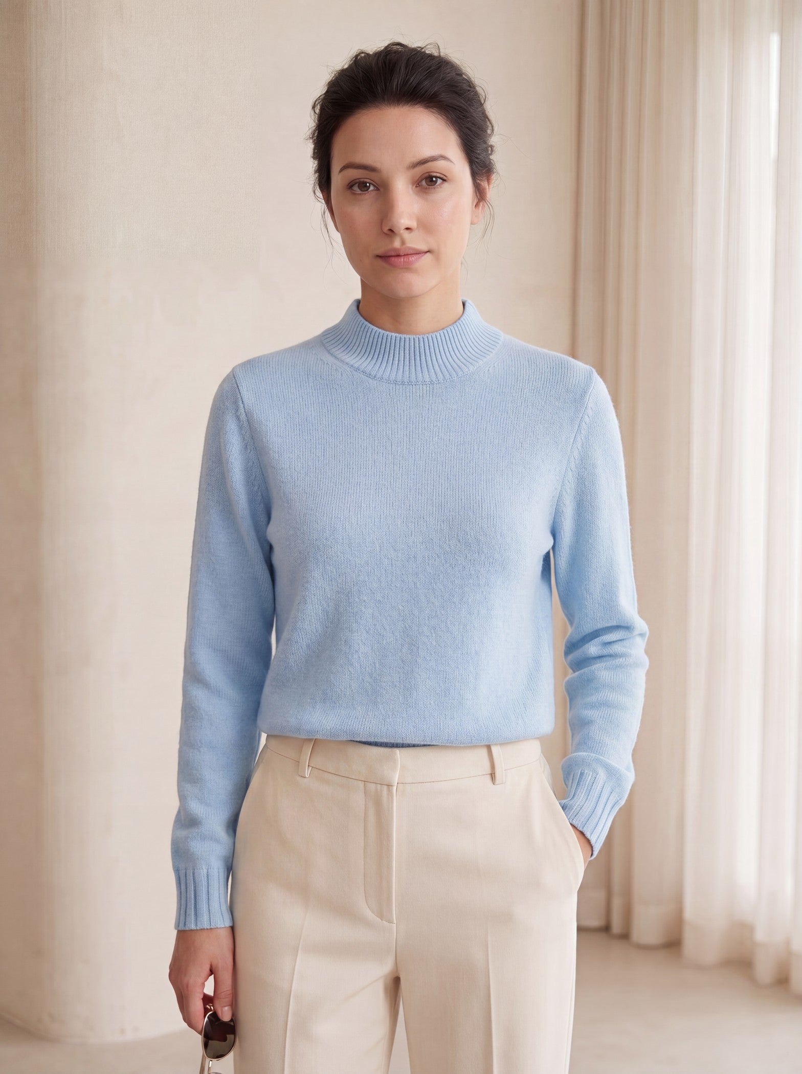 Women's High Neck Long Sleeve Wool Sweater — Light Blue