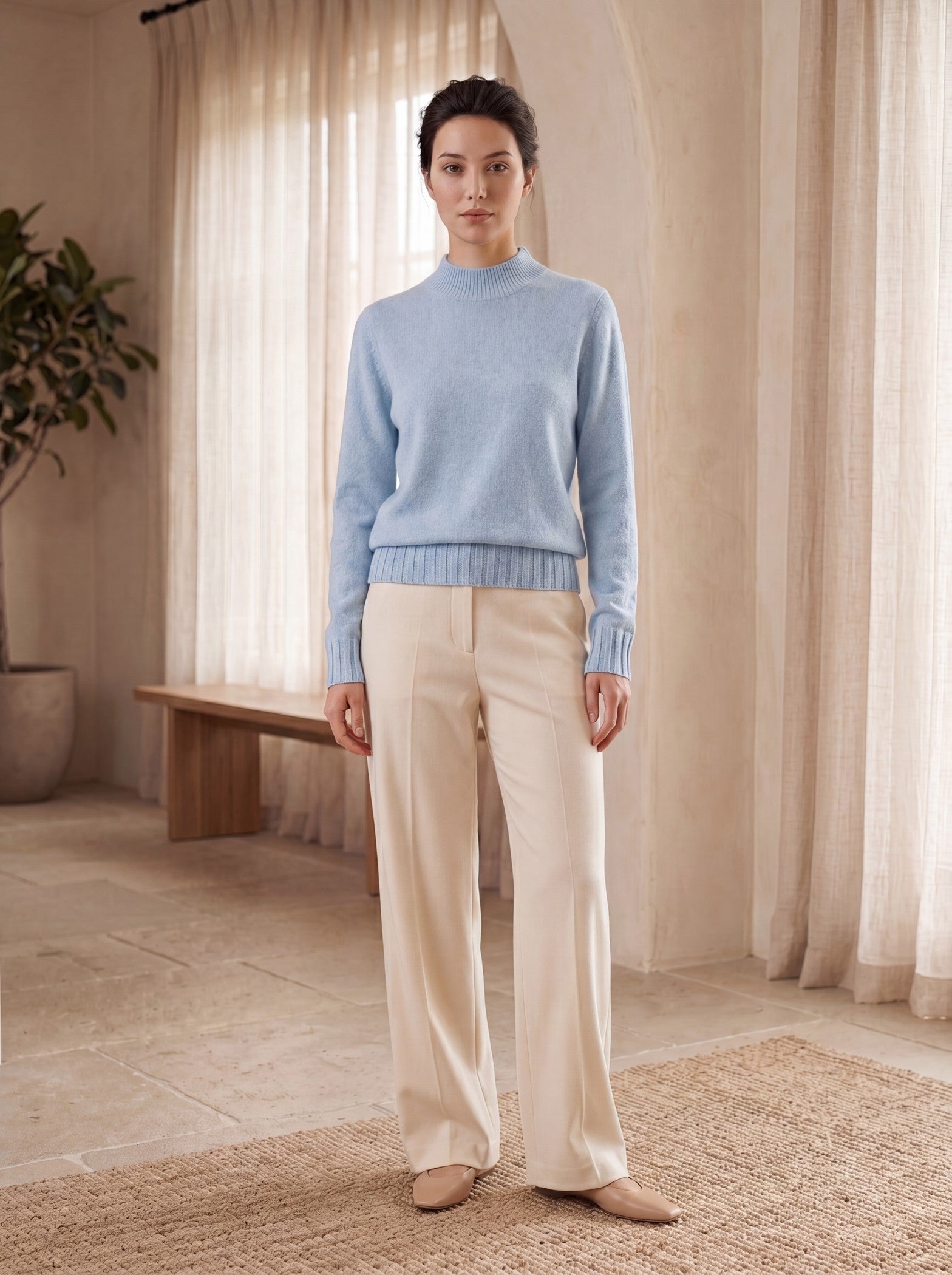 Women's High Neck Long Sleeve Wool Sweater — Light Blue