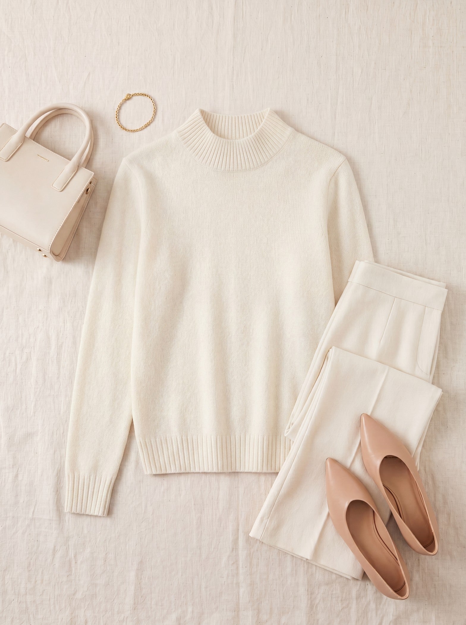Women's High Neck Long Sleeve Wool Sweater — White