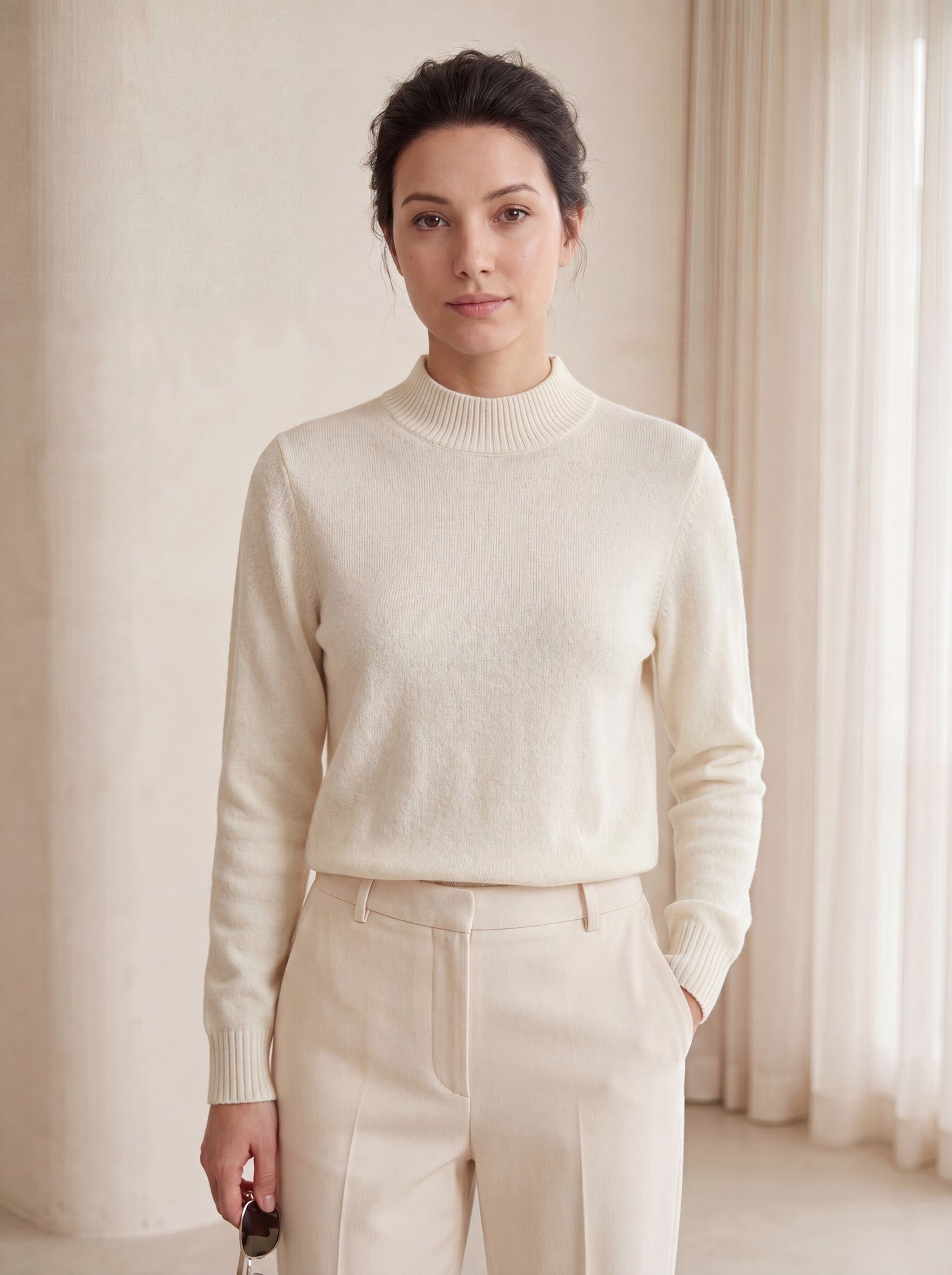 Women's High Neck Long Sleeve Wool Sweater — White