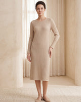 Women's Ribbed Knit Midi Dress — Beige