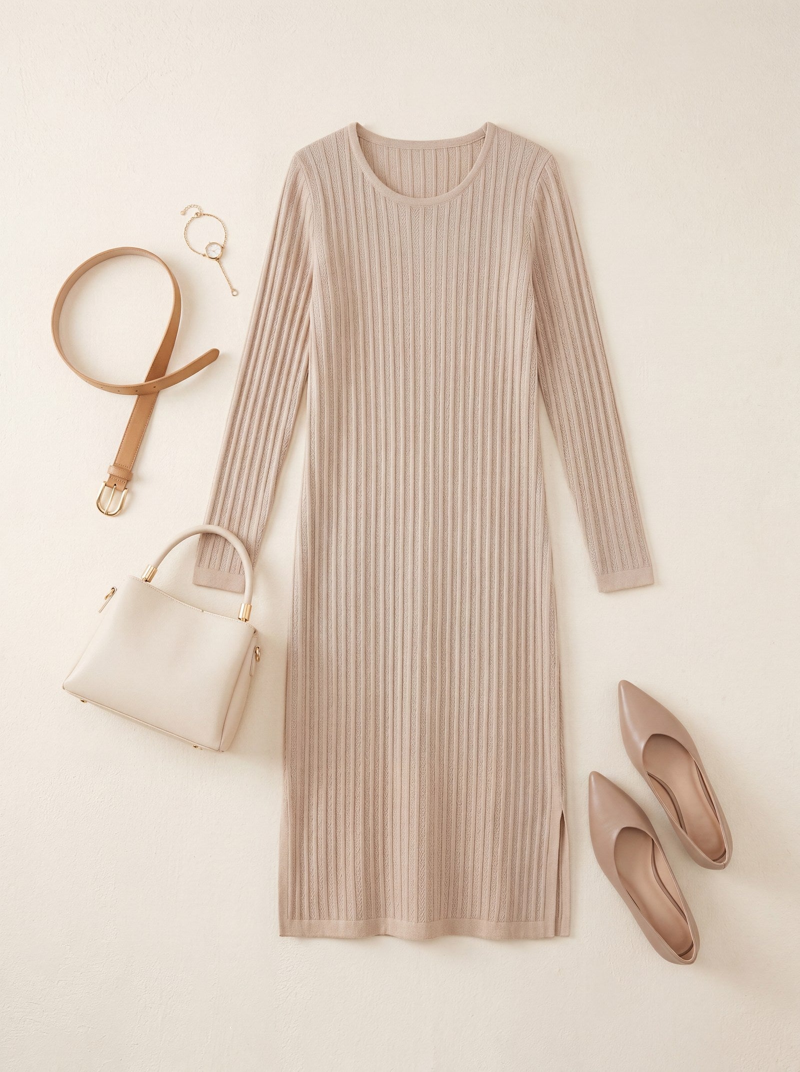 Women's Ribbed Knit Midi Dress — Beige