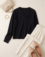 Women's V-Neck Wool Sweater — Black