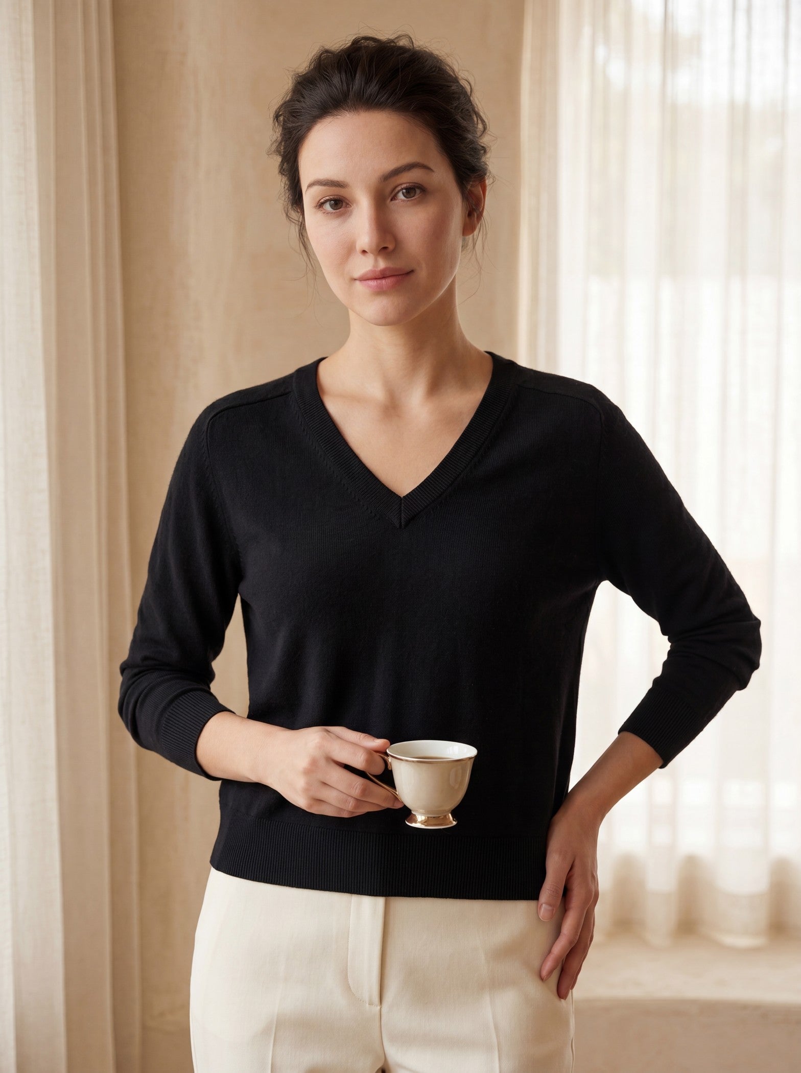 Women's V-Neck Wool Sweater — Black