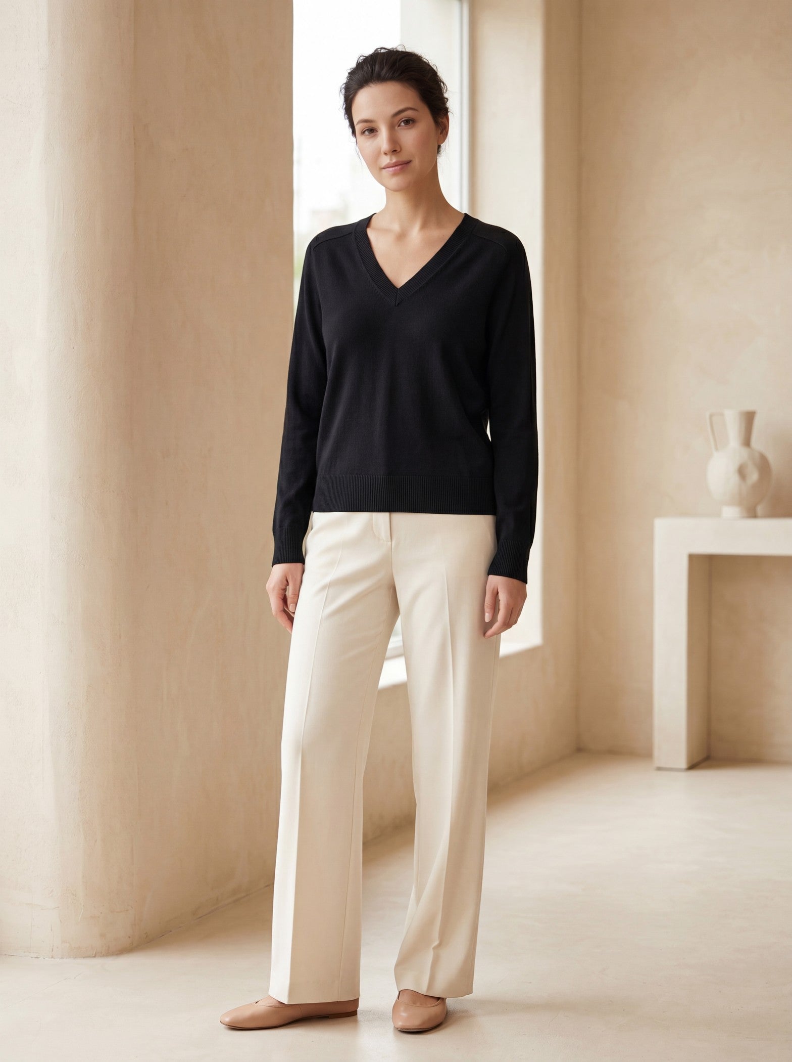 Women's V-Neck Wool Sweater — Black